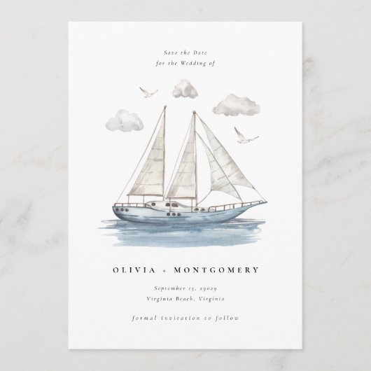 Modern Watercolor Sailing Yacht Save the Date  Kaart (Voorkant)
