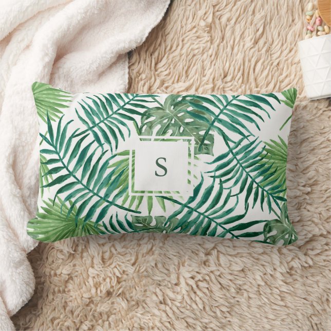Modern watercolor tropical leaves monogram kussen (Deken)