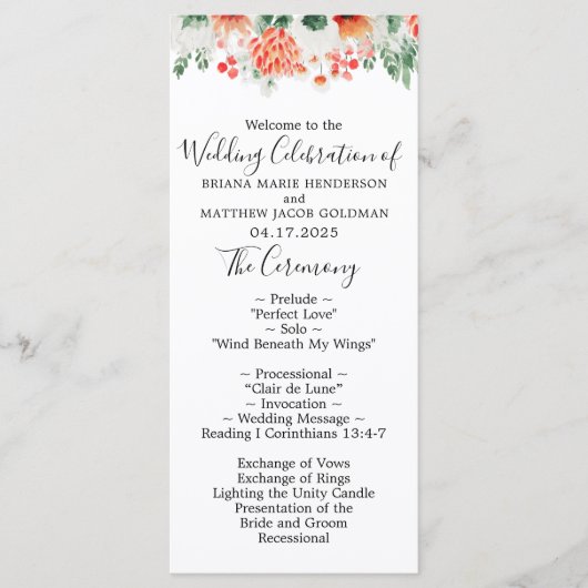 Modern Watercolor Wilde Bloemen Huwelijksprogramma Programmakaart (Voorkant)