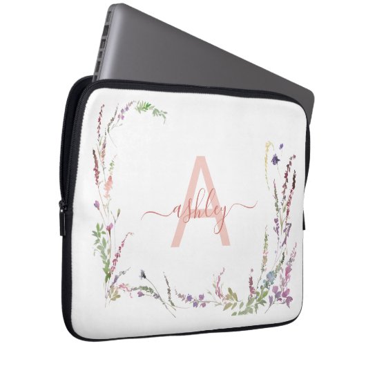 Modern Watercolor Wildflower Initial Monogram Laptop Sleeve (Voorkant Rechts)