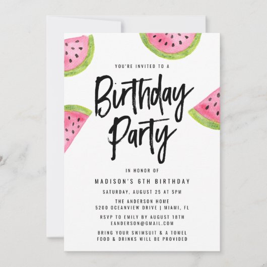 Modern Watermelon Birthday Party Invitation Kaart (Voorkant)