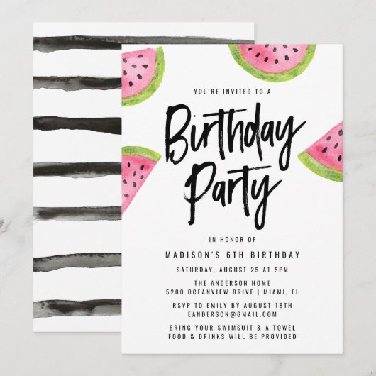 Modern Watermelon Birthday Party Invitation Kaart (Voorkant / Achterkant)