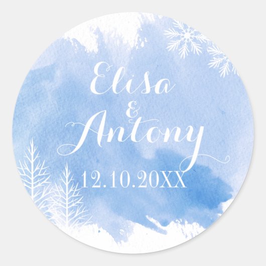 Modern waterverf blauw bruiloft Save the Date Ronde Sticker (Voorkant)