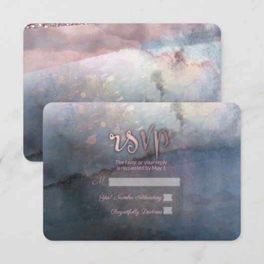 Modern Waterverf Blauw & Roos Goud Roze RSVP Reage (Voorkant / Achterkant)