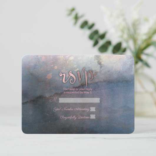 Modern Waterverf Blauw & Roos Goud Roze RSVP Reage (Staand voorkant)