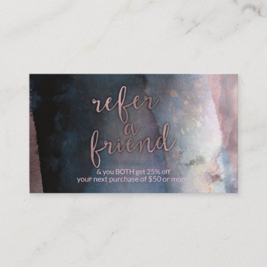 Modern Waterverf Blauw & Roos Goud Verwijs een vri Aanbevelingskaartje (Voorkant)