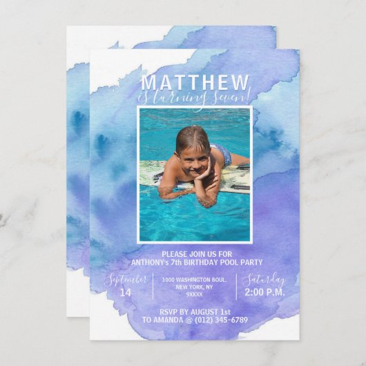 Modern Waterverf Blue Boy POOL VERJAARDAGSFEEST Kaart (Voorkant / Achterkant)