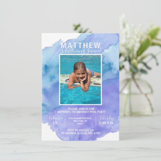 Modern Waterverf Blue Boy POOL VERJAARDAGSFEEST Kaart (Staand voorkant)