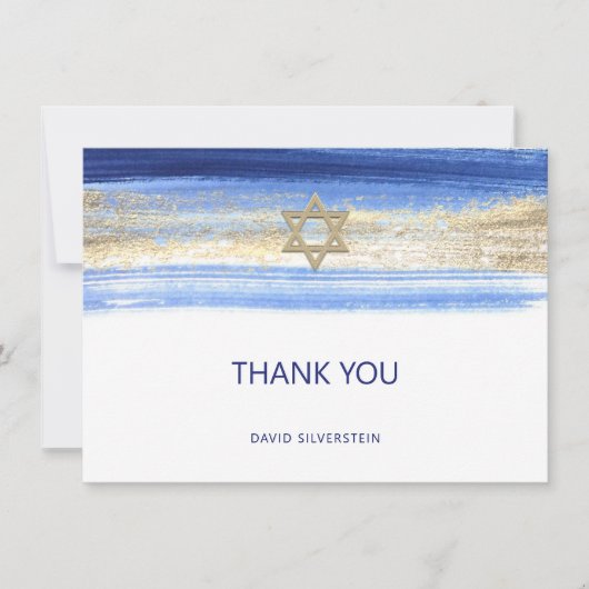 Modern Waterverf Blue Gold Bar Mitzvah Hebrew Bedankkaart (Voorkant)