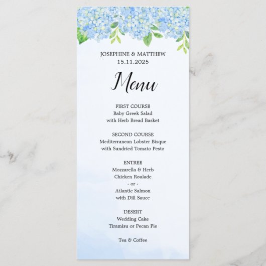 Modern Waterverf Blue Hydrangea Wedding Menu (Voorkant)