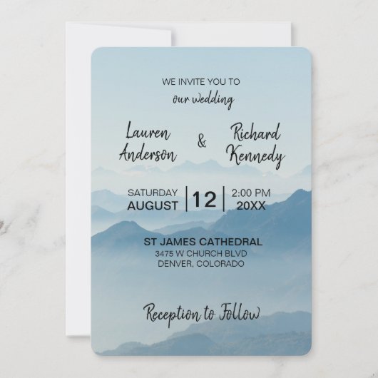 Modern Waterverf Blue Mountain Typography Wedding Kaart (Voorkant)