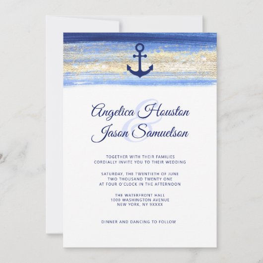 Modern Waterverf Blue Navy Gold Nautical Wedding Kaart (Voorkant)