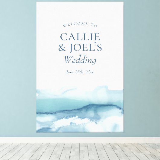 Modern Waterverf Blue Ocean Wedding Welcome Sign Canvas Afdruk (Insitu (Houten vloer))