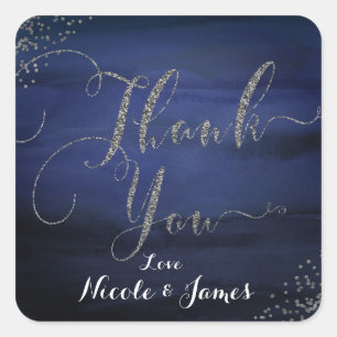 Modern Waterverf Blue Silver Confetti dank u Vierkante Sticker