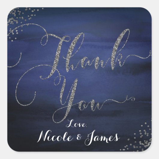 Modern Waterverf Blue Silver Confetti dank u Vierkante Sticker (Voorkant)