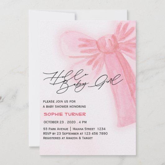 Modern Waterverf Blush Pink Bow Girl Baby shower Kaart (Voorkant)