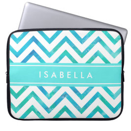 Modern Waterverf Chevron Pattern Blauw en Wit Laptop Sleeve