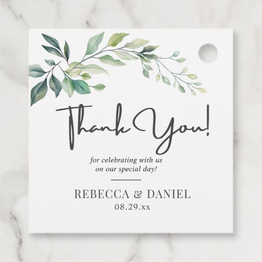 Modern Waterverf Eucalyptusbladeren Groene Beplant Bedankjes Labels (Achterkant)