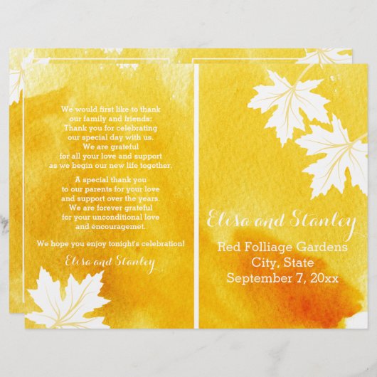 Modern waterverf geel trouwprogramma (Voorkant / Achterkant)