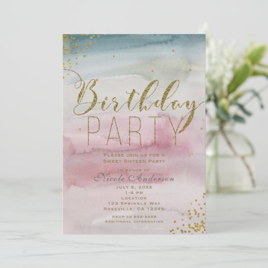 Modern Waterverf gouden Confetti verjaardagsfeest Kaart (Staand voorkant)