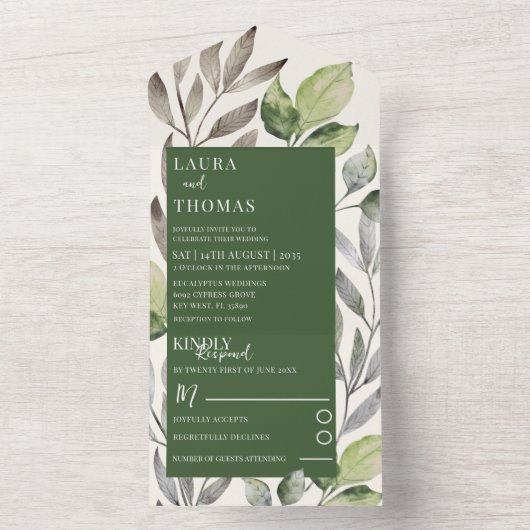 Modern Waterverf Greenery Emerald Wedding All In One Uitnodiging (Binnen)