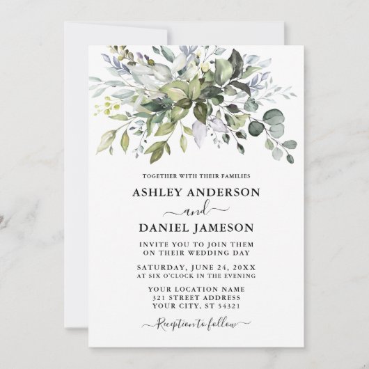 Modern Waterverf Greenery Wedding Dusty Blue Kaart (Voorkant)