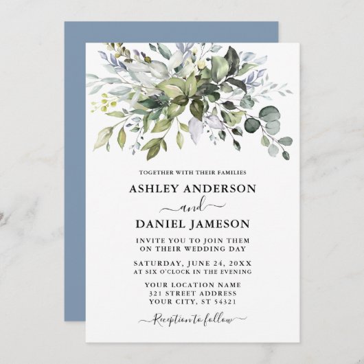 Modern Waterverf Greenery Wedding Dusty Blue Kaart (Voorkant / Achterkant)