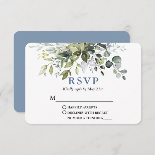Modern Waterverf Greenery Wedding Dusty Blue RSVP Kaartje (Voorkant / Achterkant)