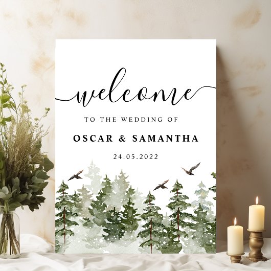 modern Waterverf groen bos met sneeuw Poster