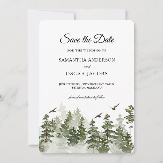 modern Waterverf groen bos met sneeuw Save The Date (Voorkant)