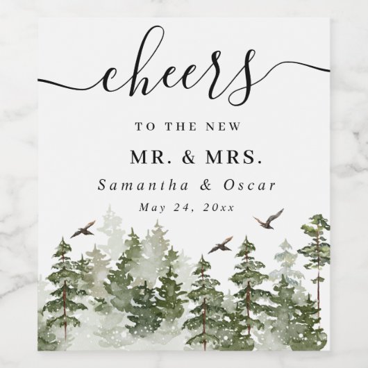 modern Waterverf groen bos met sneeuw Wijn Etiket (Enkel label)