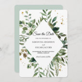 Modern Waterverf Groen Frame & Gouden Stippen Save The Date (Voorkant / Achterkant)