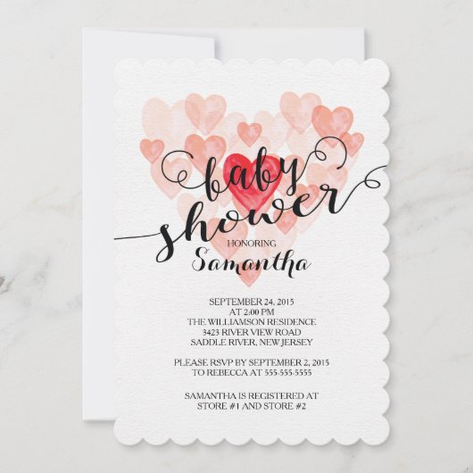 Modern Waterverf Hearts Baby shower Invitation Kaart (Voorkant)