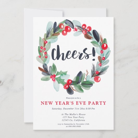 Modern waterverf krans script oudejaarsavond kaart (Voorkant)