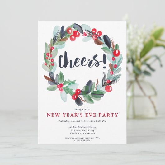 Modern waterverf krans script oudejaarsavond kaart (Staand voorkant)