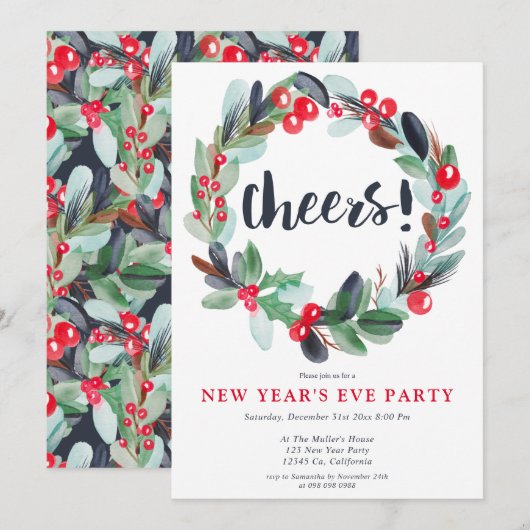 Modern waterverf krans script oudejaarsavond kaart (Voorkant / Achterkant)