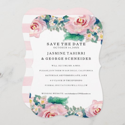 MODERN-Waterverf: Latijnse brede strips met Rozen Save The Date (Voorkant / Achterkant)