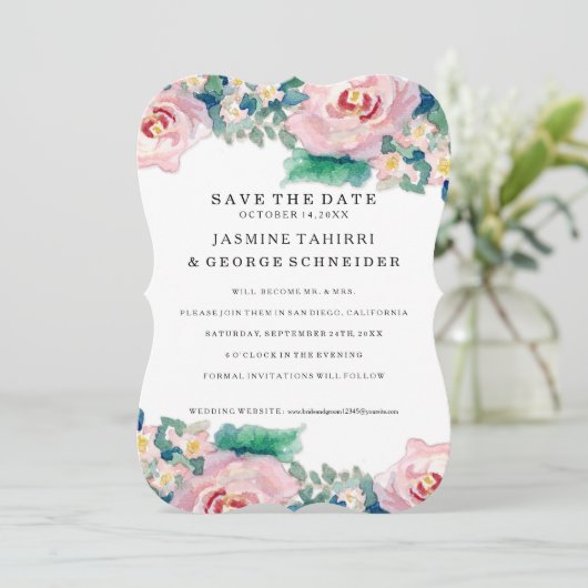 MODERN-Waterverf: Latijnse brede strips met Rozen Save The Date (Staand voorkant)