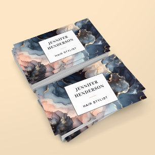 Modern Waterverf Marmer Blauw Goud Roze Script Visitekaartje