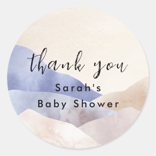 Modern Waterverf Mountain Baby shower dank u Ronde Sticker (Voorkant)