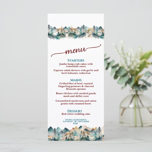 Modern Waterverf Mountain Wedding Menu 4 x 9 (Staand voorkant)