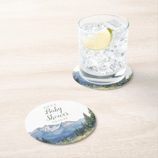 Modern Waterverf Mountain Wildflower Baby shower Ronde Kartonnen Onderzetter (Insitu)