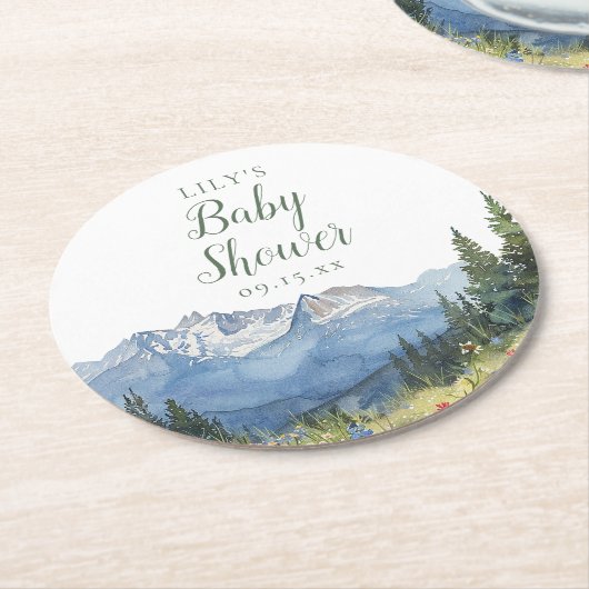 Modern Waterverf Mountain Wildflower Baby shower Ronde Kartonnen Onderzetter (Gebogen)