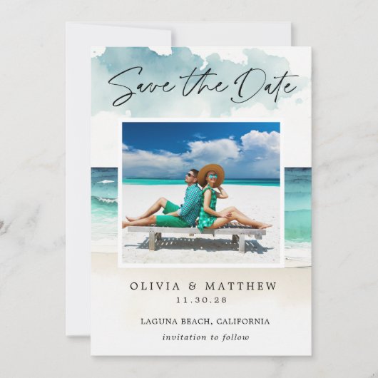 Modern Waterverf Ocean Beach Twee foto's Save The Date (Voorkant)