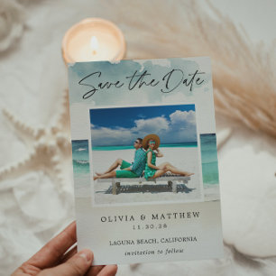 Modern Waterverf Ocean Beach Twee foto's Save The Date