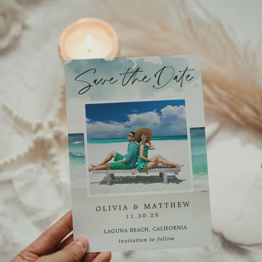 Modern Waterverf Ocean Beach Twee foto's Save The Date