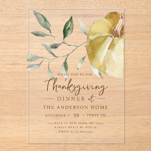 Modern Waterverf pompoen Thanksgiving diner Acryl Uitnodigingen (Voorkant)