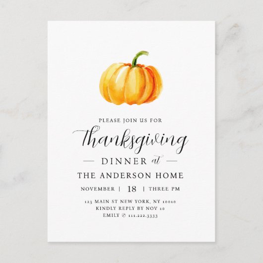 Modern Waterverf pompoen Thanksgiving diner Briefkaart (Voorkant)