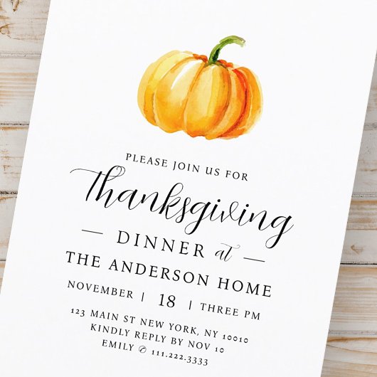 Modern Waterverf pompoen Thanksgiving diner Briefkaart