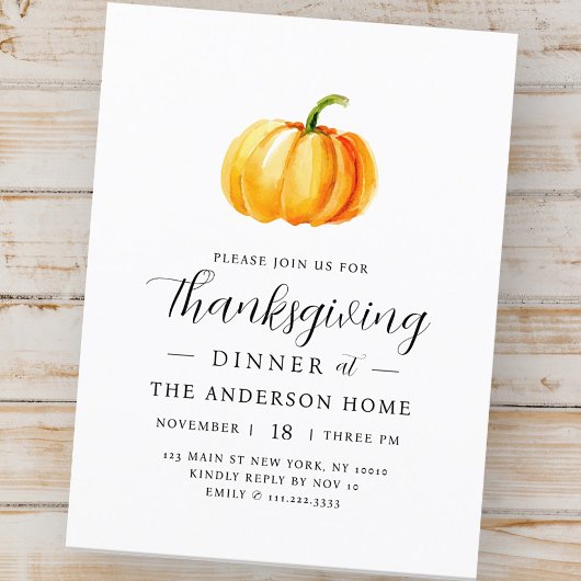 Modern Waterverf pompoen Thanksgiving diner Briefkaart